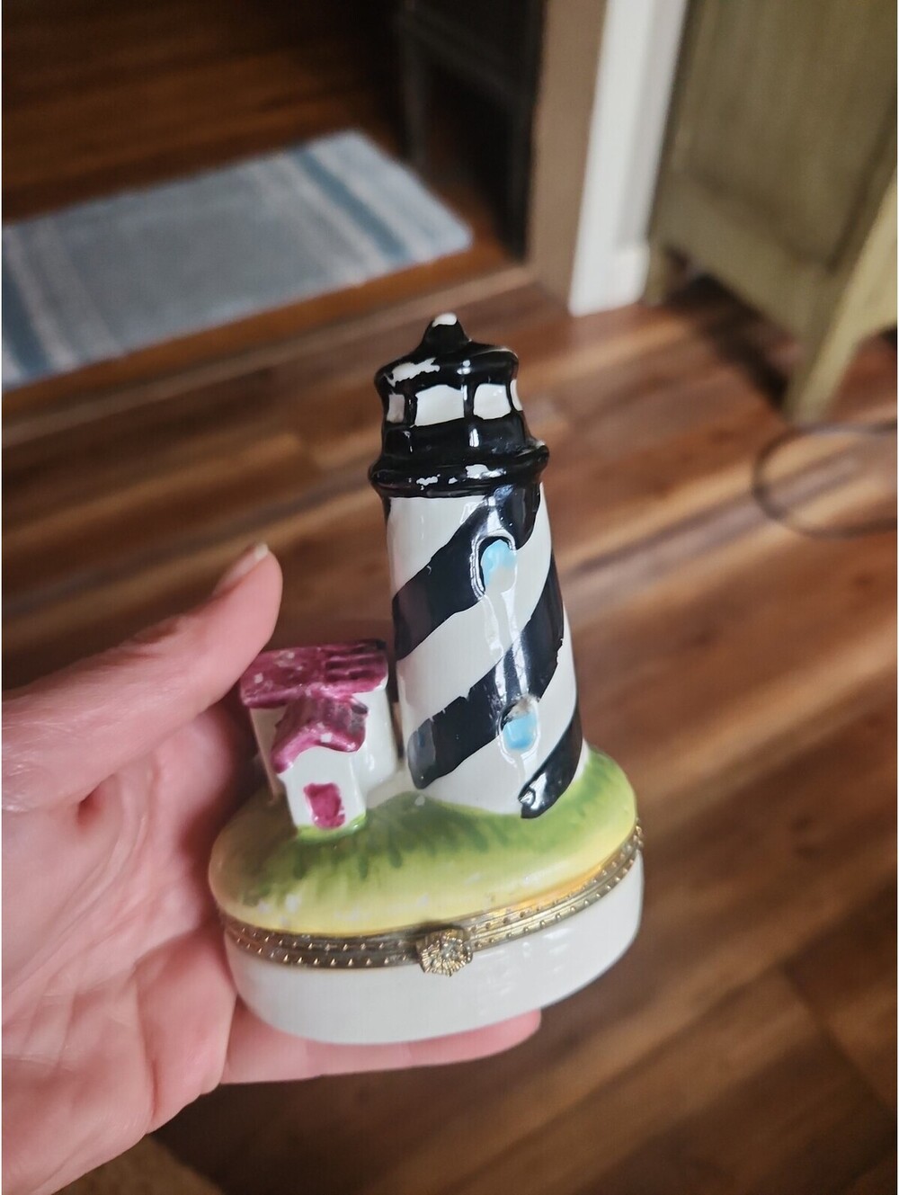 Lighthouse Ceramic Trinket Box Hinged Black White Nautical Home Decor